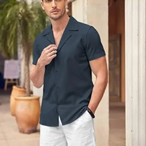 COOFANDY Mens Casual Linen Shirt Short Sleeve Button Down Shirt Summer Beach Shirt