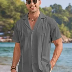 COOFANDY Men’s Cuban Guayabera Shirts Short Sleeve Button Down Shirts Summer Beach Shirts