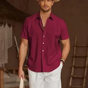 COOFANDY Men’s Linen Casual Short Sleeve Shirts Button Down Summer Beach Shirt