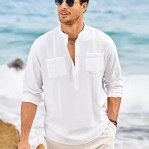 COOFANDY Men’s Linen Henley Shirt Long Sleeve Casual Hippie Cotton Beach T Shirts