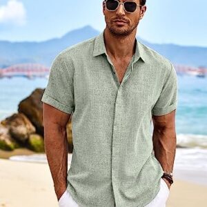 COOFANDY Men’s Linen Shirts Short Sleeve Casual Shirts Button Down Shirt for Men Beach Summer Wedding Shirt