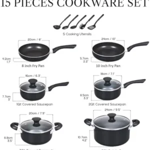 Cook N Home Basics Pots and Pans Cooking, 15-Piece Nonstick Cookware Set, Black