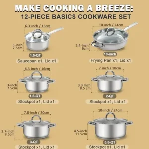 Cook N Home Kitchen Cookware Sets, 12-Piece Basic Stainless Steel Pots and Pans, Silver