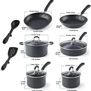 Cook N Home Pots and Pans Set Nonstick Professional Hard Anodized Cookware Sets 12-Piece, Dishwasher Safe with Stay-Cool Handles, Black