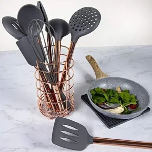 Cook With Color 10 Piece Silicone Cooking Utensil Set with Holder and Trivet, Kitchen Tools and Gadgets with Rounded Copper Handles (Grey)