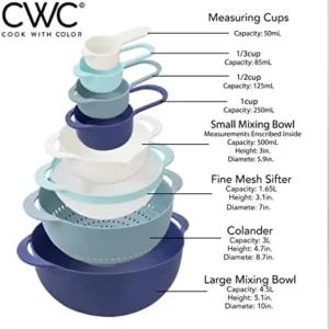 COOK WITH COLOR 8 Piece Nesting Bowls with Measuring Cups Colander and Sifter Set – Includes 2 Mixing Bowls, 1 Colander, 1 Sifter and 4 Measuring Cups, Teal