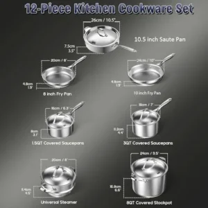 Cooks Standard Stainless Steel Kitchen Cookware Sets 12-Piece, Multi-Ply Full Clad Pots and Pans Cooking Set with Stay-Cool Handles, Dishwasher Safe, Oven Safe 500°F