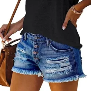 cordat Women’s Mid Rise Ripped Stretchy Jean Shorts Frayed Raw Hem Casual Denim Shorts