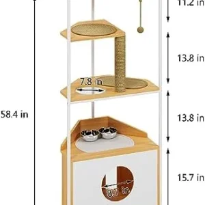 Corner Cat Tower, Cat Tree with Scratching Post, Cat Condo with Feeding Station and Climbing Platforms, Pet Furniture for Indoor Cats