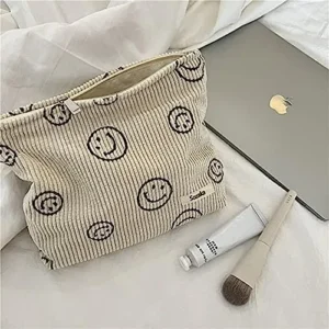 Cosmetic Bags for Women – Corduroy Cosmetic Bag Aesthetic Women Handbags Purses Smile Dots Makeup Organizer Storage Makeup Bag Girls Case Bags (Beige)