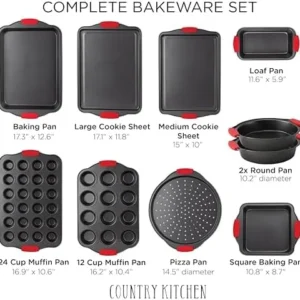 Country Kitchen 10-Piece Nonstick Stackable Bakeware Set – PFOA, PFOS, PTFE Free Baking Tray Set w/Non-Stick Coating, 450°F Oven Safe, Round Cake, Loaf, Muffin, Wide/Square Pans, Cookie Sheet