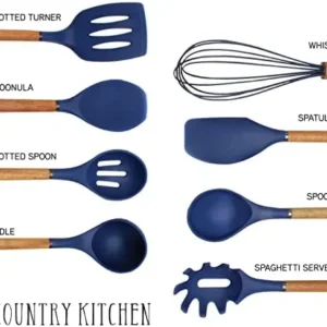 Country Kitchen Silicone Cooking Utensils, 8 Pc Kitchen Utensil Set, Easy to Clean Wooden Kitchen Utensils, Cooking Utensils for Nonstick Cookware, Kitchen Gadgets and Spatula Set – Navy