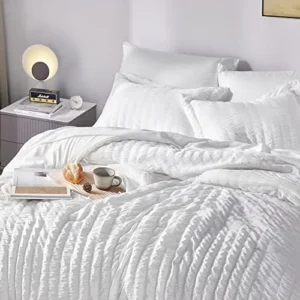 CozyLux Queen Bed in a Bag White Seersucker Comforter Set with Sheets 7-Pieces All Season Bedding Sets with Comforter, Pillow Sham, Flat Sheet, Fitted Sheet and Pillowcase