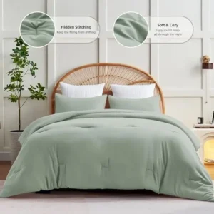 CozyLux Sage Green Comforter Set Full Size, 3 Pieces Solid Breathable Quilted Style Bedding Sets, Luxury Fluffy Soft Microfiber Comforter for All Season(1 Comforter & 2 Pillowcases)