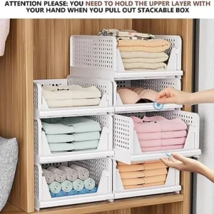 CTSNSLH 4 Pack Folding Closet Organizers Storage Box, Stackable Plastic Drawer Basket for Clothing(White)