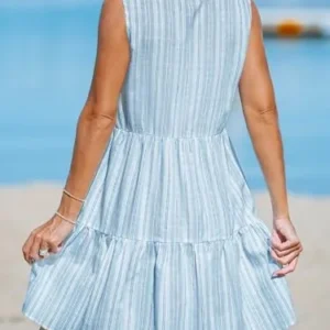 CUPSHE Women’s V Neck Beach Dress Ruffle Sleeveless A Line Geometric Pattern Striped Mini Summer Dresses