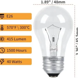 CYLYT 4-Pack Oven Light Bulbs 40 Watts Appliance Bulb, E26 A15 120V High Heat Incandescent Bulbs for Stove Hood, Refrigerator, Microwave, 415 Lumens, Warm White 2700K, Dimmable