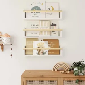 Decorative Nursery Bookshelves for Kids – Set of 3 Easy to Install Floating Shelves for Wall Mount – Beautiful Hanging Organizer Furniture for Your Baby Boy or Girl’s Bedroom and Play Room Decor