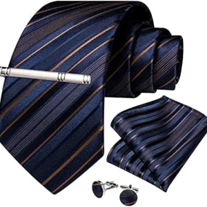 DiBanGu Men’s Stripe Tie Silk Woven Necktie Pocket Square Cufflink Set Formal Business Prom Wedding