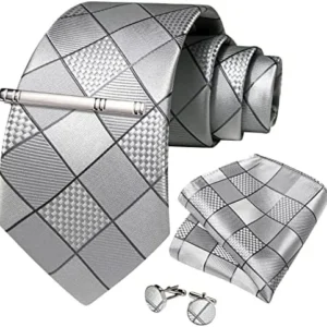 DiBanGu Plaid Tie Men’s Silk Tie and Pocket Square Cufflinks Tie Clip Set Wedding Business