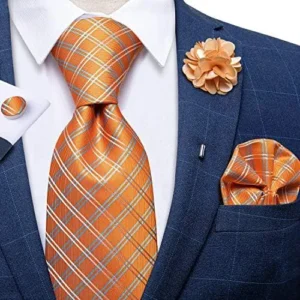 DiBanGu Silk Tie Woven Handkerchief Men’s Necktie and Lapel Pin Brooch Set Paisley Plaid Solid Floral