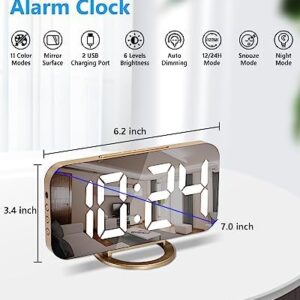 Digital Alarm Clock,7 in LED Mirrored Clocks Large Display,with 2 USB Charger Ports,Auto Dim,Night Mode,Modern Desktop Electronic Clocks for Bedroom Home Office Decor – Gold