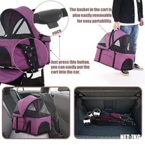 Dog Stroller Cat Stroller Pet stoller 3-in-1 Folding Dog Stroller for Small Medium Dogs Cats with Detachable Carrier Storage Basket Waterproof Lightweight for Travel,Purple