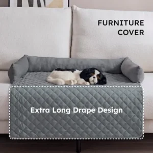 Dogejoy Calming Dog Bed Couch Cover Quilted Slip Resistant Dog Sofa Cover with Soft Neck Bolster Washable Pet Couch Cover Coral Fleece Furniture Protector for Dogs and Cats (Dark Grey L)