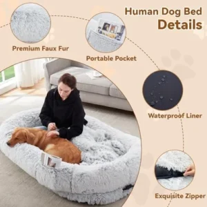 Dokdogs Human Dog Bed for Adults 75″*43″*12″ Giant Humans Size Dog Bed Washable Plush Orthopedic Bean Bag Dog Bed for Humans and Pets Doze Off and Napping Gift Plump Pillow, Blanket, Strap Grey