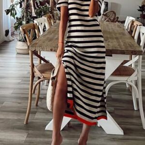 Dokotoo Summer Dress Casual Womens Fashion Short Sleeve Maxi Dress T Shirt Dress Striped Long Color Block Maxi Dress