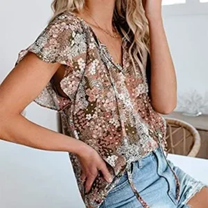 Dokotoo Women’s Casual Boho Floral Printed V Neck Tops Drawstring Short Long Sleeve T Shirt Blouses