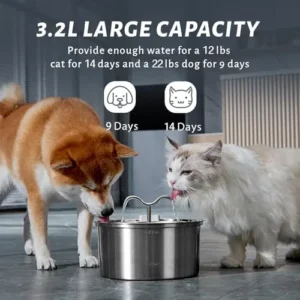 DOOOB Cat Water Fountain, 3.2L/108OZ Stainless Steel Pet Water Dispenser Automatic Metal Dog Drinking Fountains Water Bowl with Replacement Filters Ultra-Quiet Pump