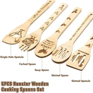 Eartim 5Pcs Rooster Chicken Wooden Spoons Utensils Set, Non-Stick Cooking Utensils Carve Burned Bamboo Spoons Spatula Kitchen Cookware Gadget Decor Kit Farmhouse Housewarming Present Gift for Parents