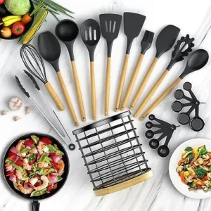 ebeau Cooking Utensils Set with Holder – 32 Pcs Silicone Kitchen Utensils Set – Non-Stick Silicone Spatula Set, BPA Free Wooden Handle Silicone Gadget Set+Utensil Holder