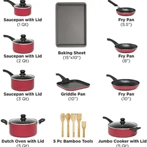 Ecolution Easy Clean Nonstick Cookware Set, Dishwasher Safe Kitchen Pots and Pans Set, Comfort Grip Handle, Even Heating, Ultimate Food Release, 20-Piece, Red