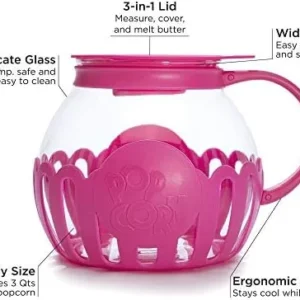 Ecolution Patented Micro-Pop Microwave Popcorn Popper with Temperature Safe Glass, 3-in-1 Lid Measures Kernels and Melts Butter, Made Without BPA, Dishwasher Safe, 3-Quart, Pink