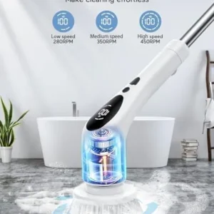 Electric Spin Scrubber, Cordless Voice Prompt Cleaning Brush with 9 Replaceable Brush Heads, 3 Adjustable Speeds Shower Scrubber with Extension Long Handle for Bathroom Floor Tile