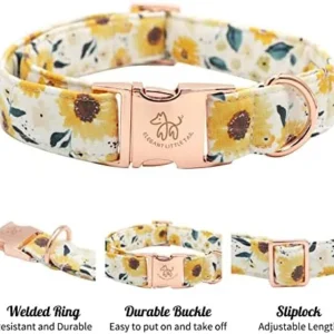 Elegant little tail Dog Collar, Sunflower Pattern Pet Collar Durable Cute Dog Collars Summer Fall Female Pet Gift Adjustable Dog Collar for X-Small Dogs