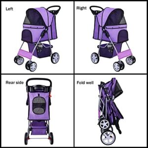 Elevon Pet Stroller, 4 Wheels Multifunction Dog Cat Stroller, Folding Portable Travel Stroller with Detachable Carrier, Suitable for Medium Small Dogs Cats, Purple