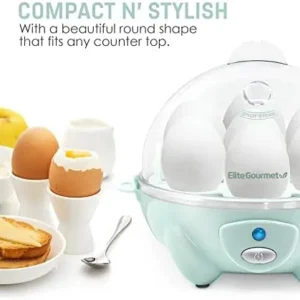 Elite Gourmet EGC007M# Rapid Egg Cooker, 7 Easy-To-Peel, Hard, Medium, Soft Boiled Eggs, Poacher, Omelet Maker, Auto Shut-Off, Alarm, 16-Recipe Booklet, BPA-Free, Mint, 7 Egg