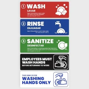 [Enhanced] Wash Rinse Sanitize Sink Labels, Hand Wash Only, and Employee Must Wash Hands | 3 Compartment Sink Stickers | Training Labels for Dishwashing | Food Service Operators (1 Set: 6 x 2 in)