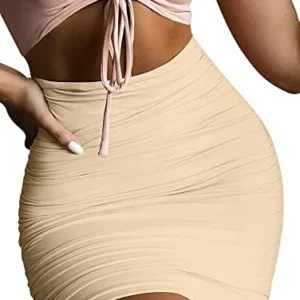 eoeoo Women’s Stretch High Waist Ruched Bodycon Double Layer Casual Mini Skirt