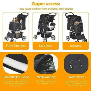 Epetlover Foldable Pet Stroller for Cats/Puppies Travel Jogger Pet Carrier with 4 Wheels, Weather Cover, Storage Basket + Cup Holder, Black