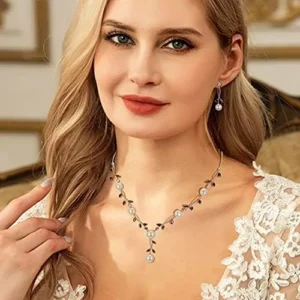 EVER FAITH Wedding Pearl Jewelry for Bride CZ Crystal Simulated Pearl Floral Vine Filigree Bridal Necklace Earrings Set