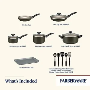 Farberware Dishwasher Safe Nonstick Cookware Pots and Pans Set, 15 Piece, Pewter