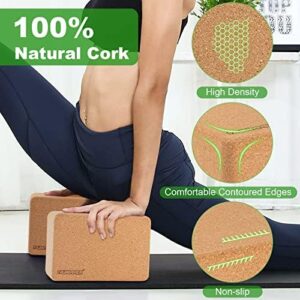 FAURIMMER 2 Pack Natural Cork Yoga Blocks with Strap and Drawstring Backpacks – 9″x6″x4″ High Density Bricks Eco-Friendly Yoga Accessories for Yoga, Pilates, Stretching, and Fitness…