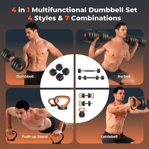 FEIERDUN Adjustable Dumbbells,20/44/66lbs Free Weight Set with Connector, 4 in1 Dumbbells Set Used as Barbell, Kettlebells, Push up Stand, Fitness Exercises for Home Gym Suitable Men/Women