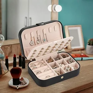 FEISCON Small Jewelry Box Necklace Ring Storage Organizer Mini Jewelry case Double Layer Travel Jewelry Organizer for Women Girls Gift/Black