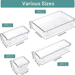 Fezem Clear Drawer Organizer, [25 PCS] Clear Plastic Drawer Organizers for Home Organization and Storage, Including 4 Sizes Small Organizer Bins, Non-Slip Pads, for Bathroom, Kitchen, Vanity & Office