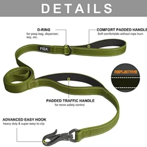 Fida 4 FT Heavy Duty Dog Leash with 2 Comfortable Padded Handles, Traffic Handle & Advanced Easy Snap Hook, Reflective Walking Lead for Large, Medium & Small Breed Dogs, Green